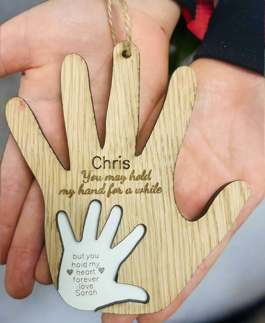 Oak veneer personalised hand little decoration for her/him - Laser LLama Designs Ltd