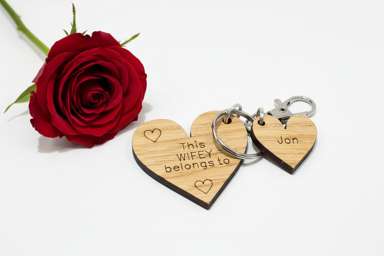 Oak veneer personalised hubby/wifey heart keyring - Laser LLama Designs Ltd