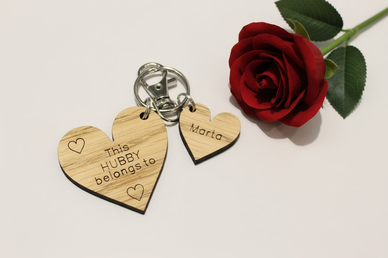 Oak veneer personalised hubby/wifey heart keyring - Laser LLama Designs Ltd