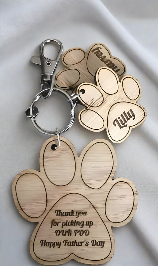 Oak veneer personalised dog paw funny keyring - Laser LLama Designs Ltd