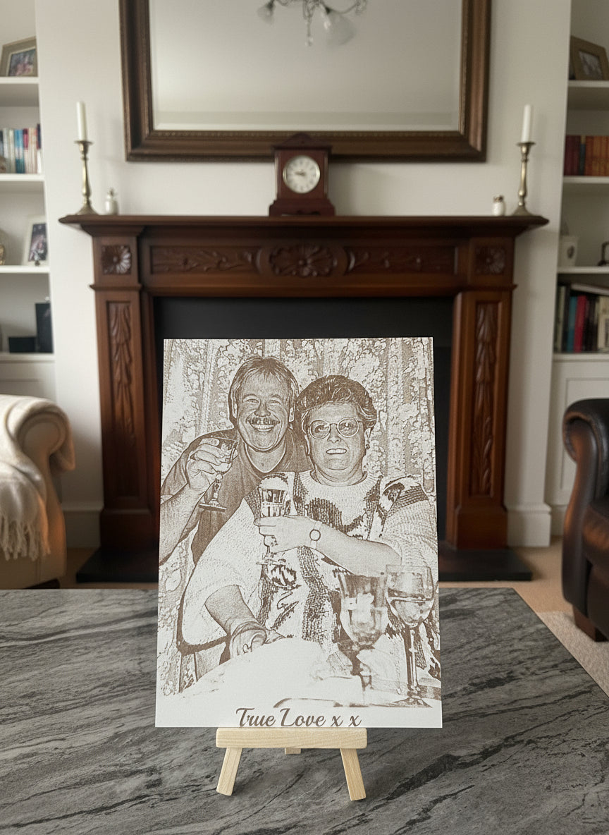 photo engraved into wood with personalised text 
