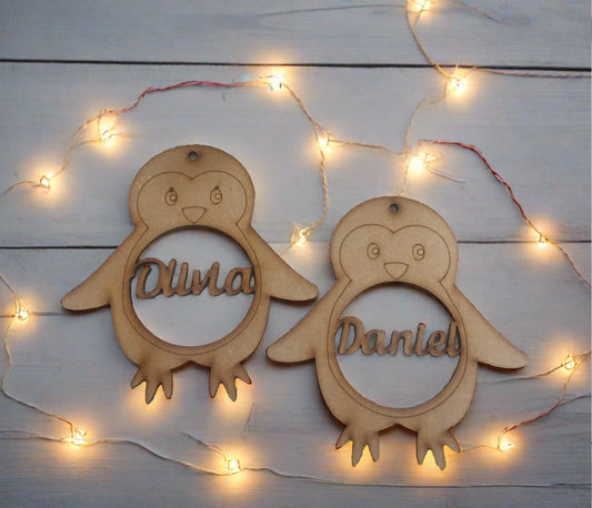 Personalised mdf penguins bauble - Laser LLama Designs Ltd