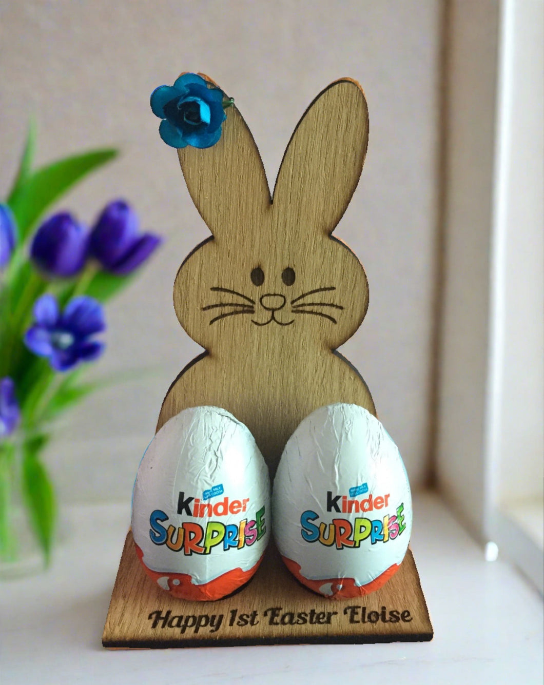 Oak veneer personalised bunny for chocolates eggs - Laser LLama Designs Ltd