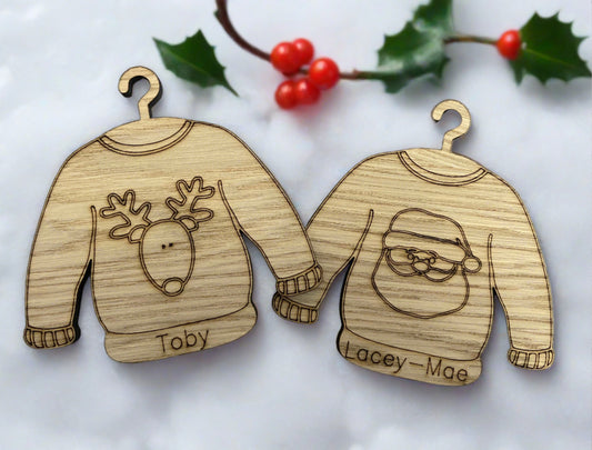 Personalised oak veneer christmas jumper tree decoration - Laser LLama Designs Ltd
