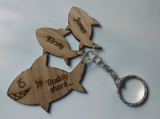 Oak veneer personalised keyring shark shape - Laser LLama Designs Ltd