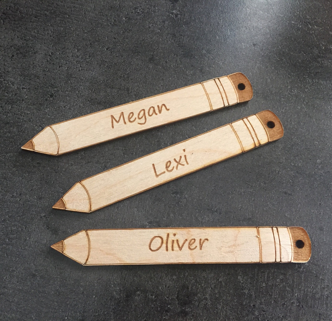 Personalised wooden Pencil shape bag tag - Laser LLama Designs Ltd