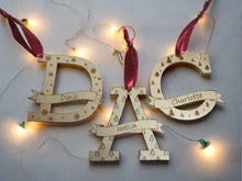 Load image into Gallery viewer, Wooden letter initial bauble with banner - Laser LLama Designs Ltd