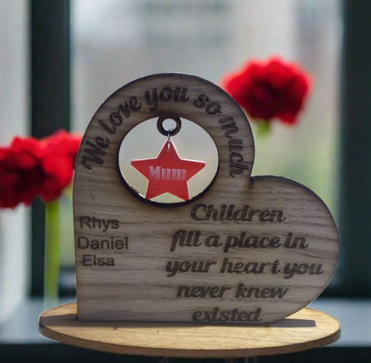 Oak veneer freestanding personalised heart with acrylic star - Laser LLama Designs Ltd