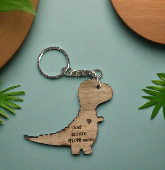 Oak veneer dinosaur ROAR keyring - Laser LLama Designs Ltd