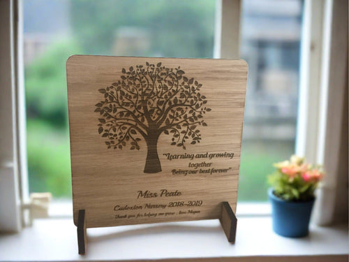 Oak veneer personalised freestanding plaque tree - Laser LLama Designs Ltd