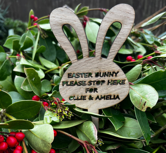 Oak veneer personalised Easter bunny stop here garden stake - Laser LLama Designs Ltd