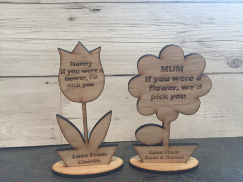 Oak veneer personalised flower mothers day decorations - Laser LLama Designs Ltd
