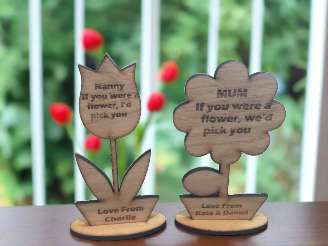 Oak veneer personalised flower mothers day decorations - Laser LLama Designs Ltd
