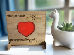 Oak veneer freestiang plaque with acrylic red heart - Laser LLama Designs Ltd