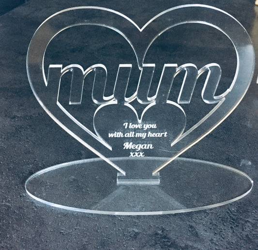 Freestanding acrylic heart mum dad nan -personalised - Laser LLama Designs Ltd