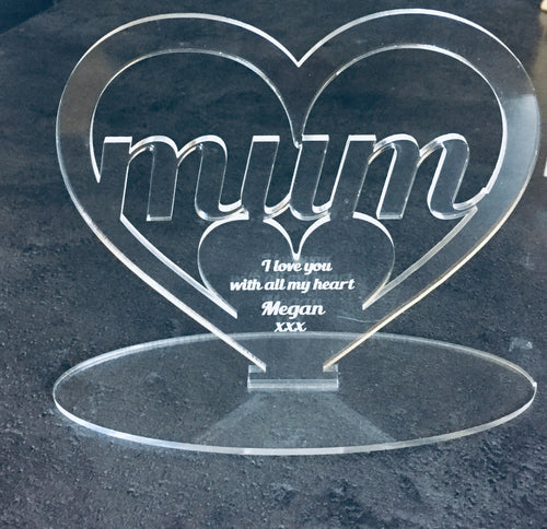 Freestanding acrylic heart mum dad nan -personalised - Laser LLama Designs Ltd