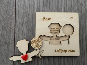 Wooden 3d personalised lollipop lady/man  card - Laser LLama Designs Ltd