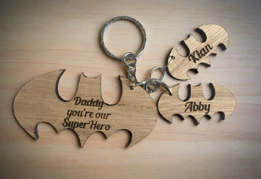 Oak veneer personalised keyring superhero - Laser LLama Designs Ltd