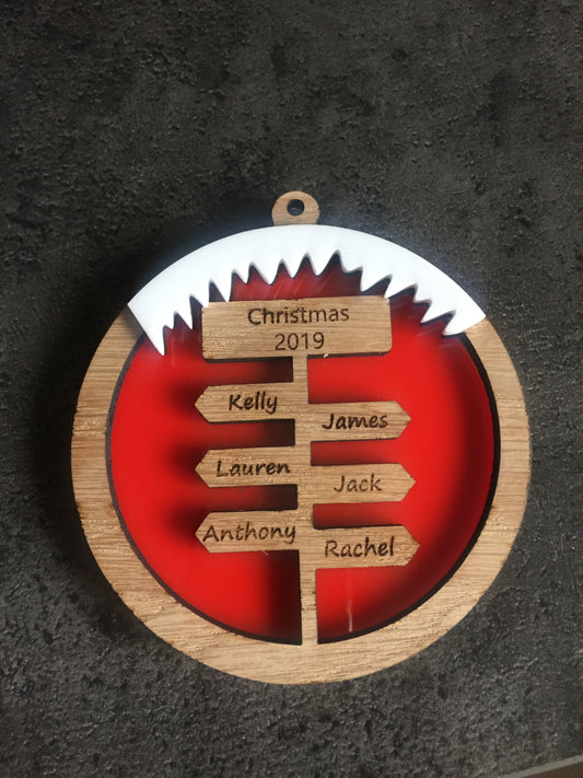 Oak veneer sign post bauble with acrylic icing - Laser LLama Designs Ltd