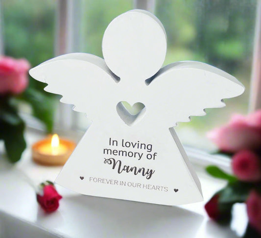 Solid wood white freestanding memorial Angel - Laser LLama Designs Ltd