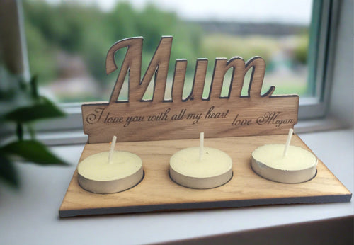 Freestanding wooden personalised candle holder - Laser LLama Designs Ltd