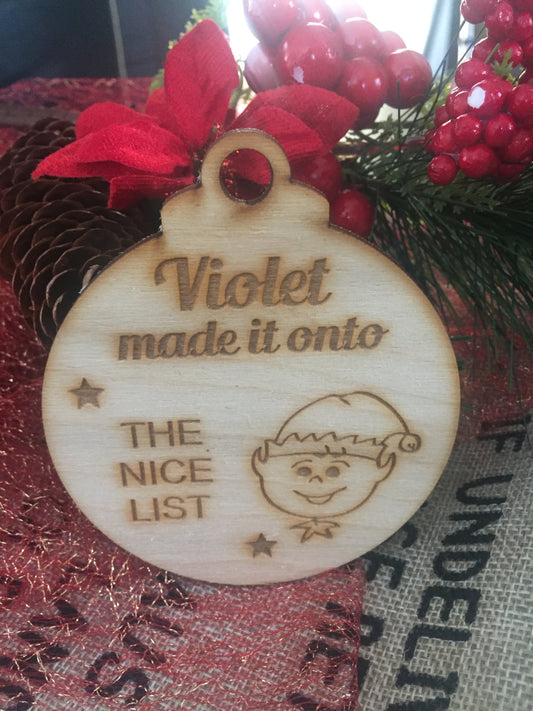 Wooden Christmas tree elf bauble nice list - Laser LLama Designs Ltd