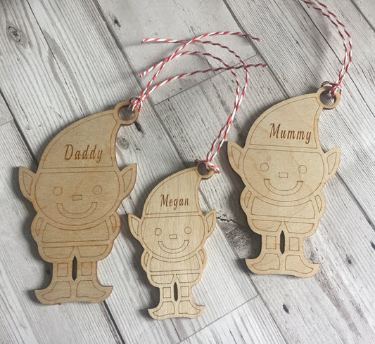 Personalised wooden  elf family decoration - Laser LLama Designs Ltd