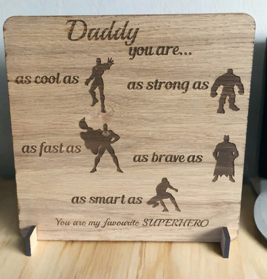 Oak veneer freestanding superhero plaque - Laser LLama Designs Ltd