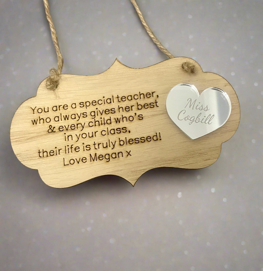 Oak veneer personalised plaque with silver mirrored acrylic heart - Laser LLama Designs Ltd