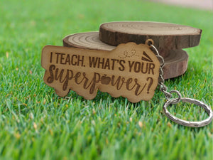 Wooden superpower teacher keyring  🦹‍♂️ 🦸‍♀️ - Laser LLama Designs Ltd