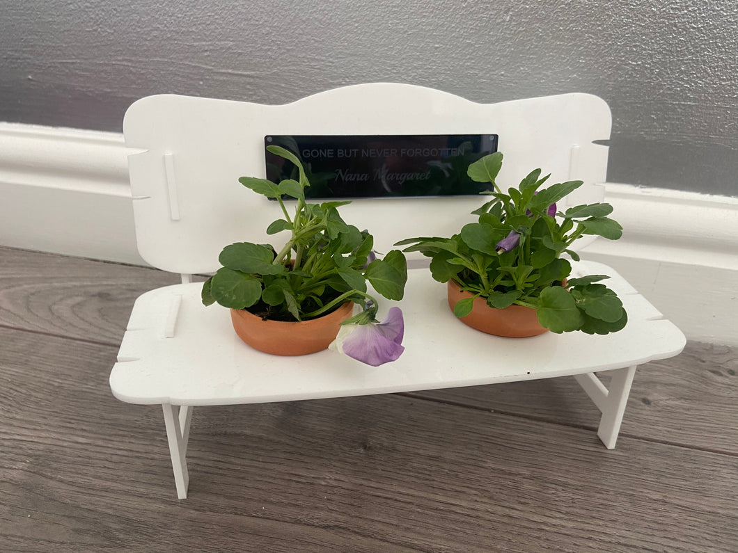 White acrylic personalised bench for flower pots - Laser LLama Designs Ltd