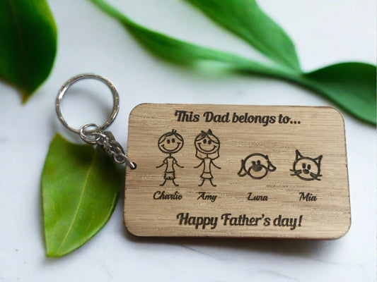 Oak veneer personalised family keyring - Laser LLama Designs Ltd