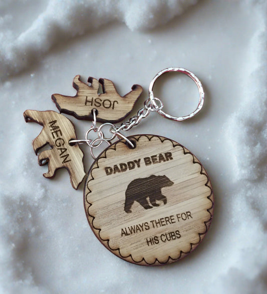 Oak veneer personalised keyring bear circles - Laser LLama Designs Ltd