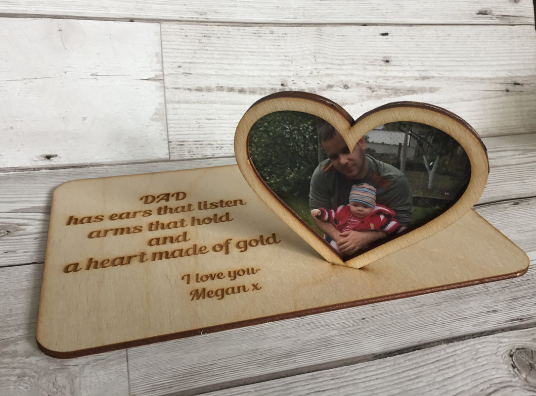 Wooden plaque with freestanding photo frame heart - Laser LLama Designs Ltd