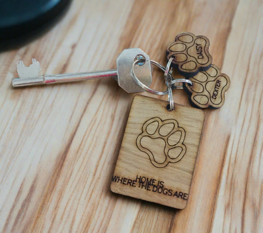 Oak Veneer Personalised keyring dog paw shape - Laser LLama Designs Ltd
