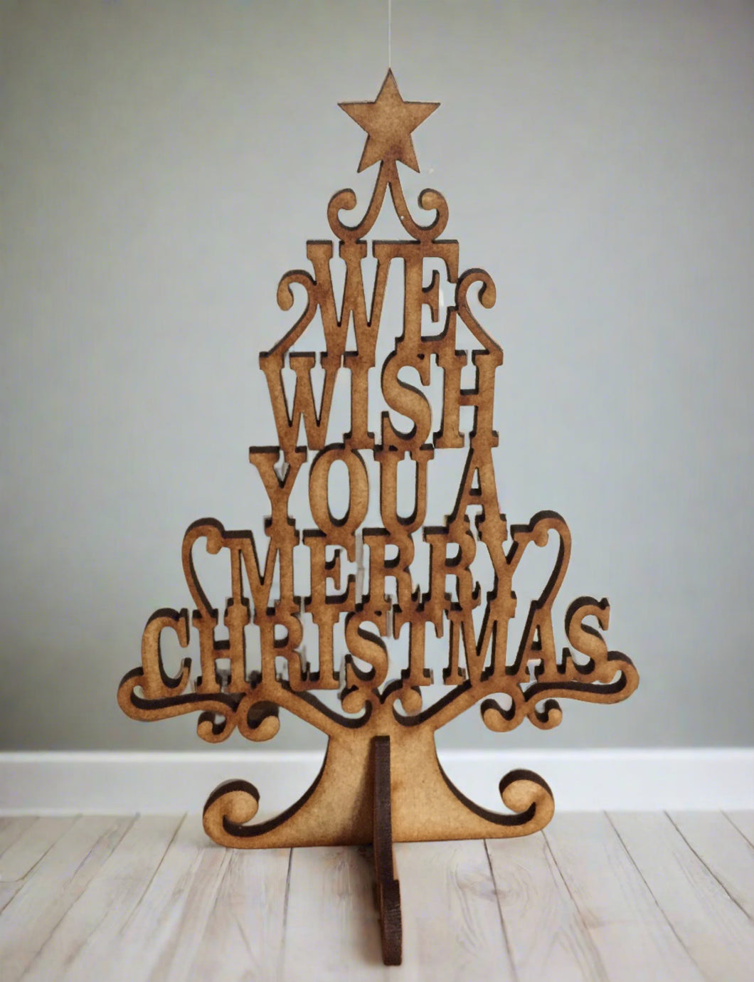 Freestending wooden we wish you a merry christmas tree - Laser LLama Designs Ltd