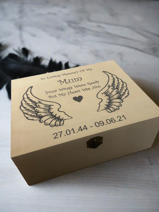 Wooden personalised uv printed  memorial wings box - Laser LLama Designs Ltd