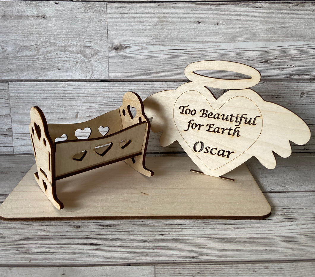 Personalised baby crib and plaque set on the base - Laser LLama Designs Ltd