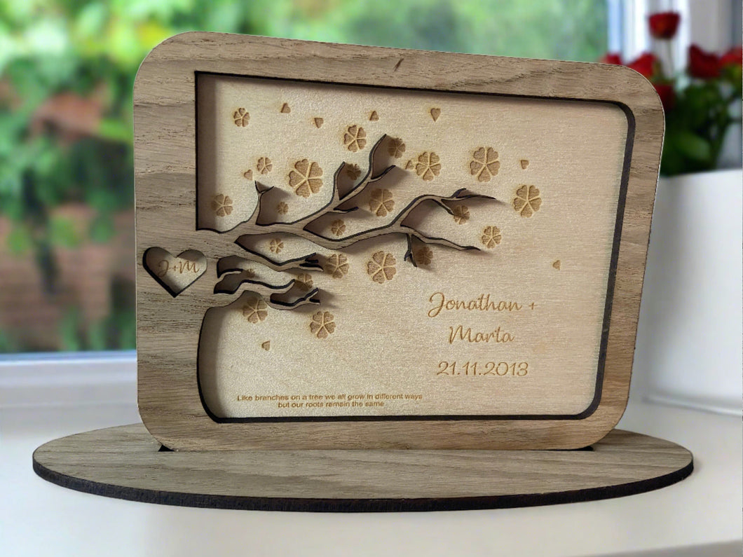 Oak veneer personalised love tree plaque - Laser LLama Designs Ltd
