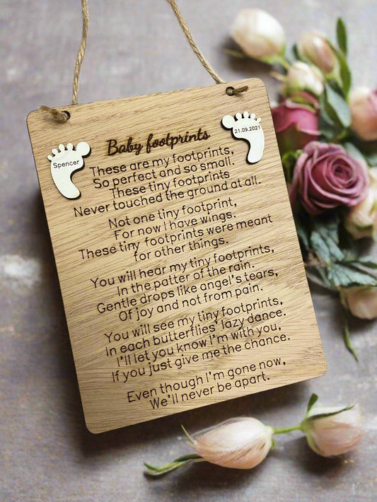 Oak veneer personalised baby footprints plaque - Laser LLama Designs Ltd