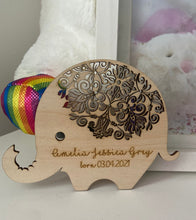 Load image into Gallery viewer, Wooden personalised elephant new baby plaque - Laser LLama Designs Ltd