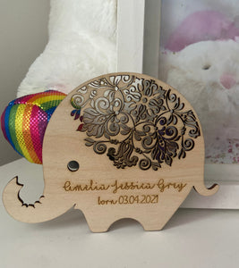 Wooden personalised elephant new baby plaque - Laser LLama Designs Ltd