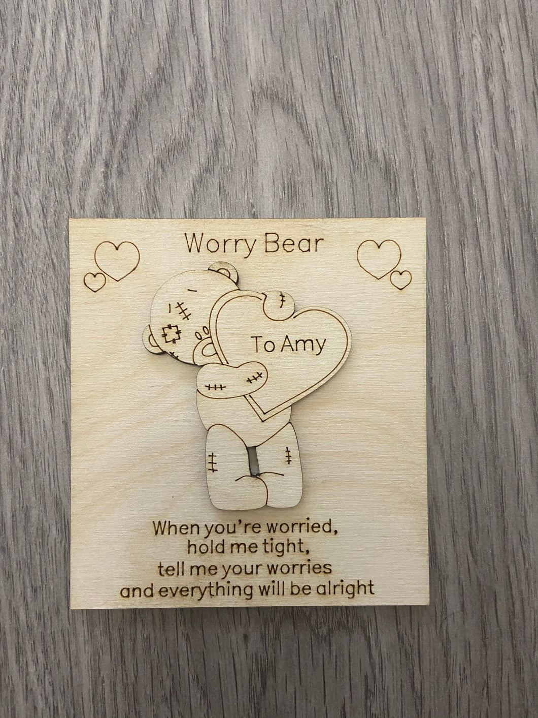Wooden worry bear with wooden card - Laser LLama Designs Ltd