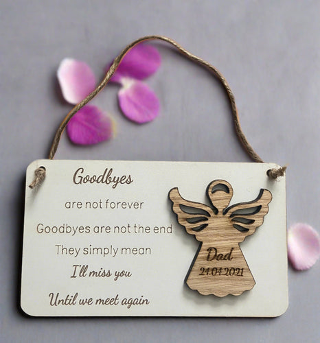 Wooden Angel personalised plaque “goodbyes not forever “ - Laser LLama Designs Ltd