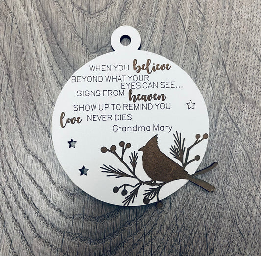 Personalised cardinal “when you believe “ bauble - Laser LLama Designs Ltd