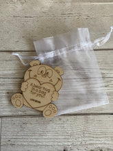 Load image into Gallery viewer, Wooden personalised bear in the bag - Laser LLama Designs Ltd