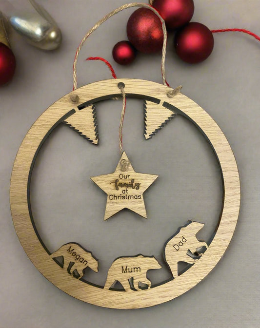 Personalised oak veneer bear family plaque - Laser LLama Designs Ltd