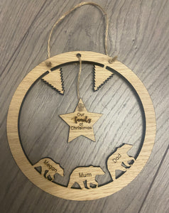 Personalised oak veneer bear family plaque - Laser LLama Designs Ltd