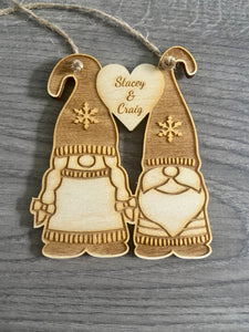 Wooden personalised gnome couple - Christmas bauble - Laser LLama Designs Ltd