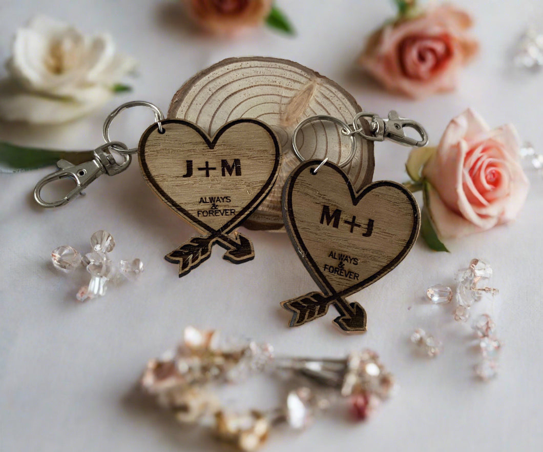 A pair of Heart Keyrings Personalised with Initials - Laser LLama Designs Ltd
